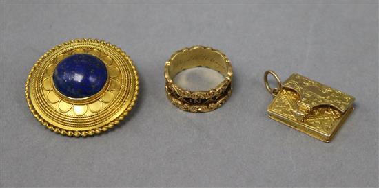 A Victorian enamelled 18ct gold memorial ring dated 1841, a book locket with internal hairwork plaque and a